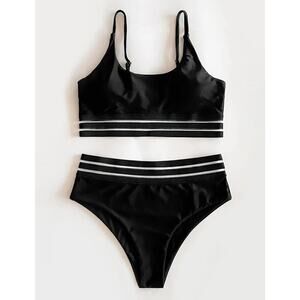 Women's‎ High Waisted Bikini Cut Out Sports Crop Top Color Block Swimsuit Sz M